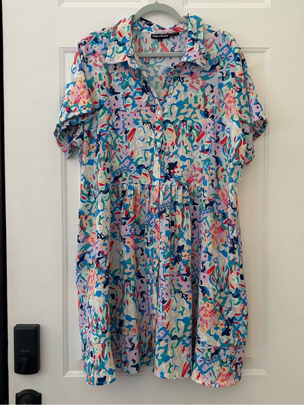TOLANI Olivia Mini Babydoll Shirt Dress Retro Abstract Button Dopamine XL